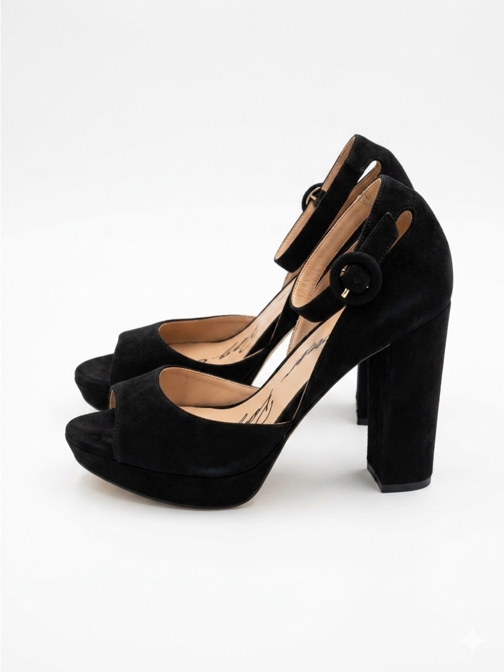 American Eagle Black Suede Platform Peep-Toe Heels with Ankle Buckle 5.5